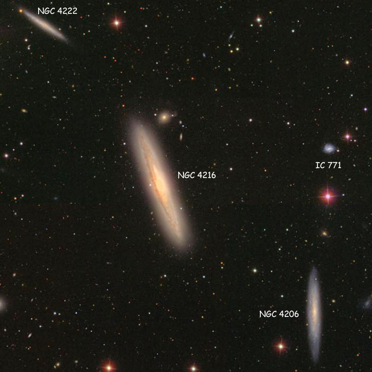 SDSS image of region near spiral galaxy NGC 4216, also showing spiral galaxies NGC 4206, NGC 4222 and IC 771