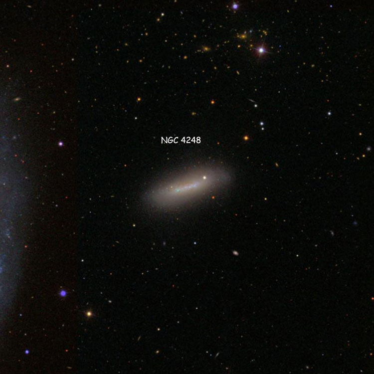 SDSS image of region near irregular galaxy NGC 4248; the faint glow at left is the western edge of spiral galaxy NGC 4258, also known as M106