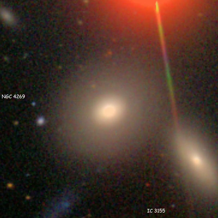 SDSS image of lenticular galaxy NGC 4269, also showing lenticular galaxy IC 3155