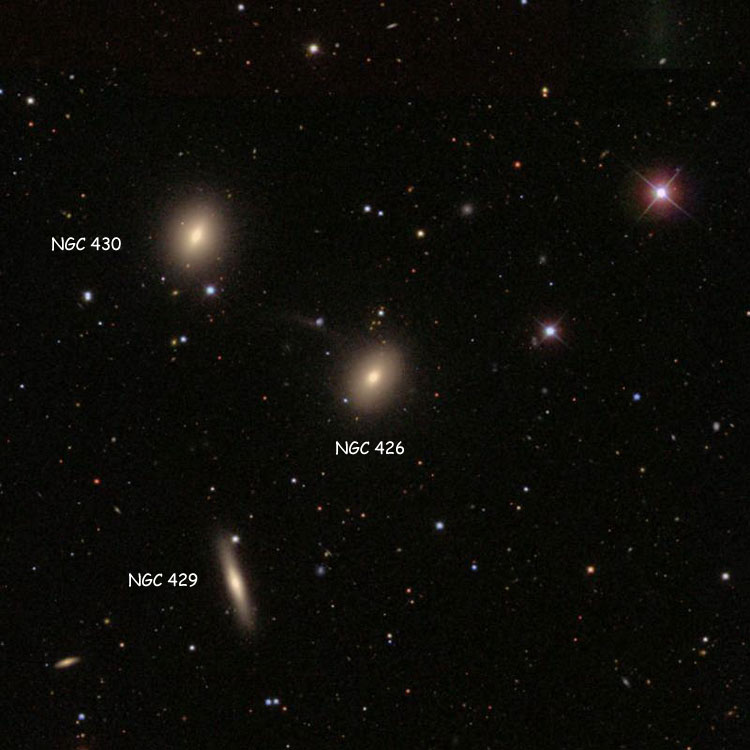 SDSS image of region near elliptical galaxy NGC 426, also showing NGC 429 and NGC 430