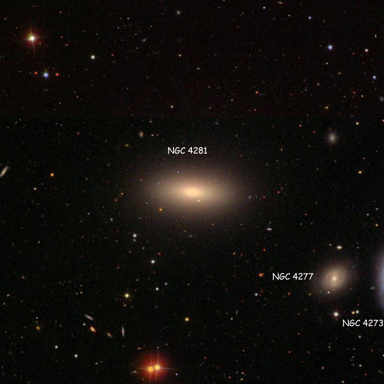 SDSS image of region near lenticular galaxy NGC 4281, also showing lenticular galaxy NGC 4277 and the eastern edge of spiral galaxy NGC 4273
