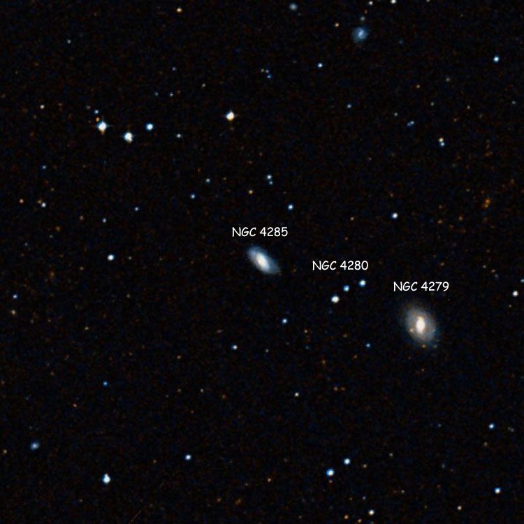 DSS image of region near spiral galaxy NGC 4285, also showing the lenticular galaxy that is probably NGC 4279 and the trio of stars that is probably NGC 4280