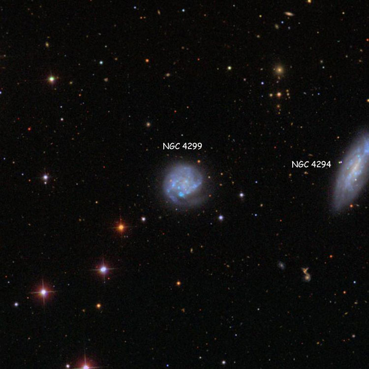 SDSS image of region near spiral galaxy NGC 4299, also showing spiral galaxy NGC 4294