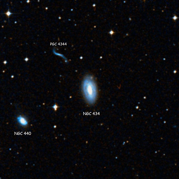 DSS image of region near spiral galaxy NGC 434, also showing NGC 440 and PGC 4344, which is sometimes called NGC 434A