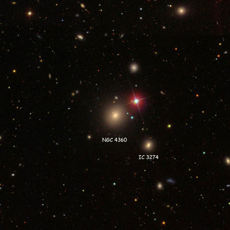 SDSS image of region near elliptical galaxy NGC 4360, also showing lenticular galaxy IC 3274