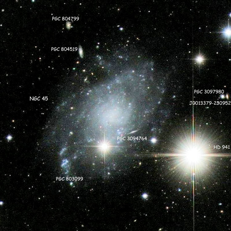 Labeled image of region near spiral galaxy NGC 45 uploaded to Wikisky by Jim Riffle, also showing numerous PGC objects