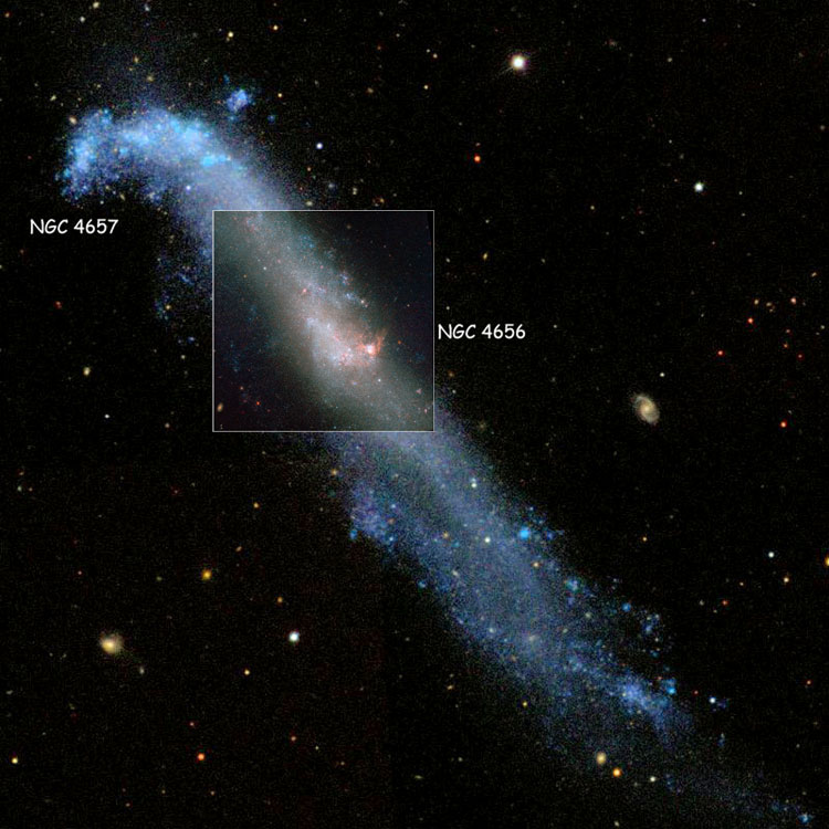 HST image of part of spiral galaxy NGC 4656 overlaid on a SDSS image of the galaxy to show their relative position