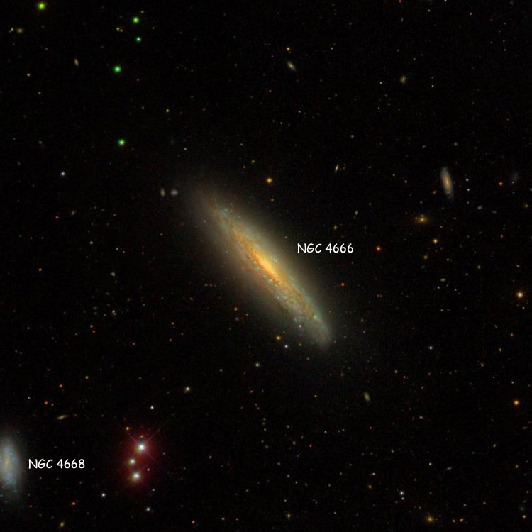 SDSS image of region near spiral galaxy NGC 4666, also showing NGC 4668