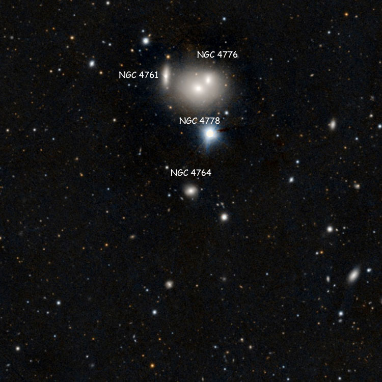 PanSTARRS image of region near lenticular galaxy NGC 4764, also showing NGC 4761, NGC 4776 and NGC 4778, with which it comprises Hickson Compact Group 62