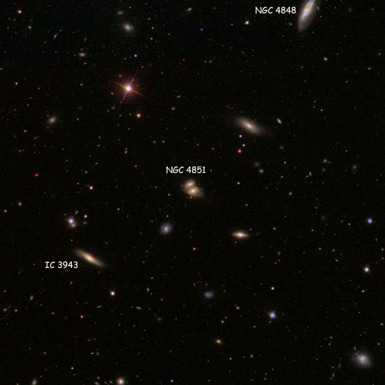 SDSS image of region near the pair of lenticular galaxies that comprise NGC 4851; also shown are NGC 4848, IC 839 and IC 3943