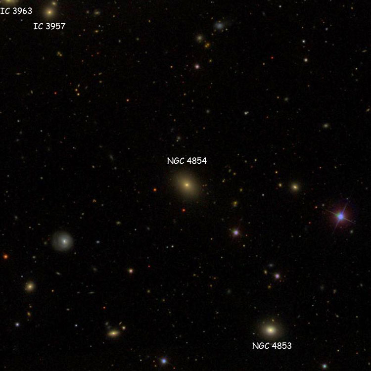 SDSS image of region near lenticular galaxy NGC 4854, also showing NGC 4854, IC 3957 and IC 3963