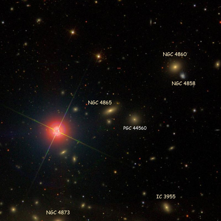SDSS image of region near lenticular galaxy NGC 4865, also showing NGC 4858, NGC 4860, part of NGC 4873, and IC 3955