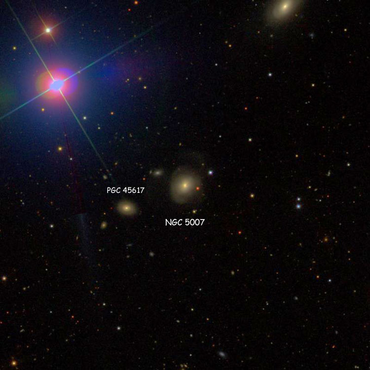 SDSS image of region near lenticular galaxy NGC 5007, also showing PGC 45617
