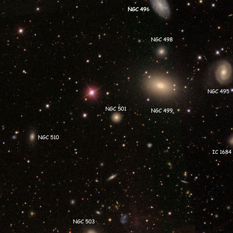 SDSS image of region near elliptical galaxy NGC 501, also showing NGC 495, NGC 498, NGC 499 and NGC 510, and part of NGC 496, NGC 503 and IC 1684