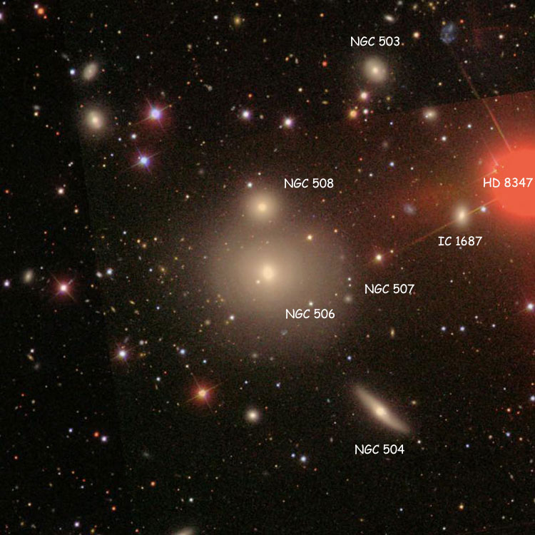 SDSS image of region near lenticular galaxy NGC 507 (also known as Arp 229), also showing NGC 503, NGC 504, NGC 506, NGC 508 and IC 1687