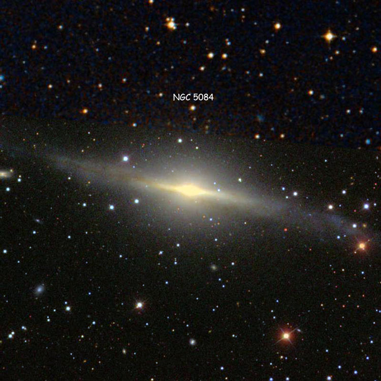 SDSS image of lenticular galaxy NGC 5084, overlaid on a DSS image to fill in missing areas