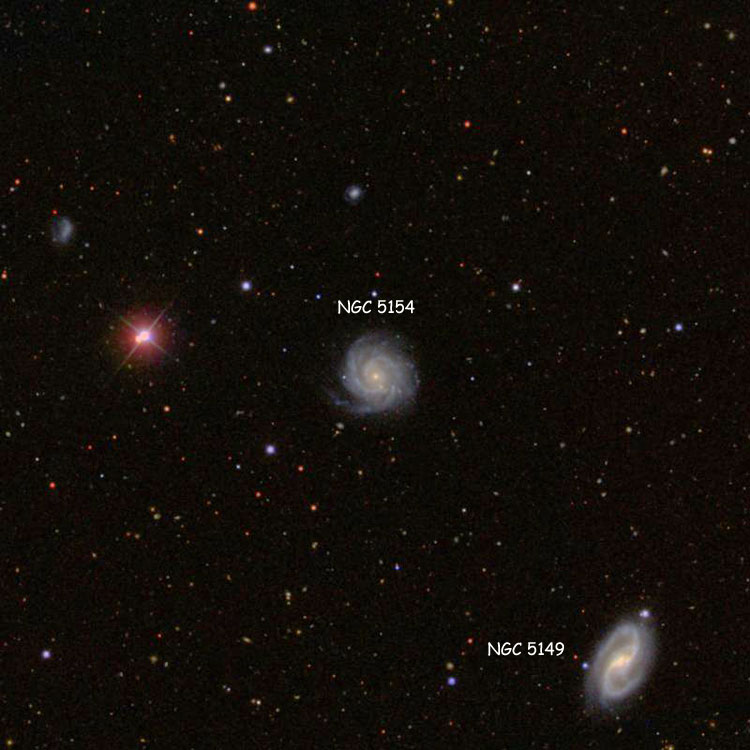 SDSS image of region near spiral galaxy NGC 5154, also showing spiral galaxy NGC 5149