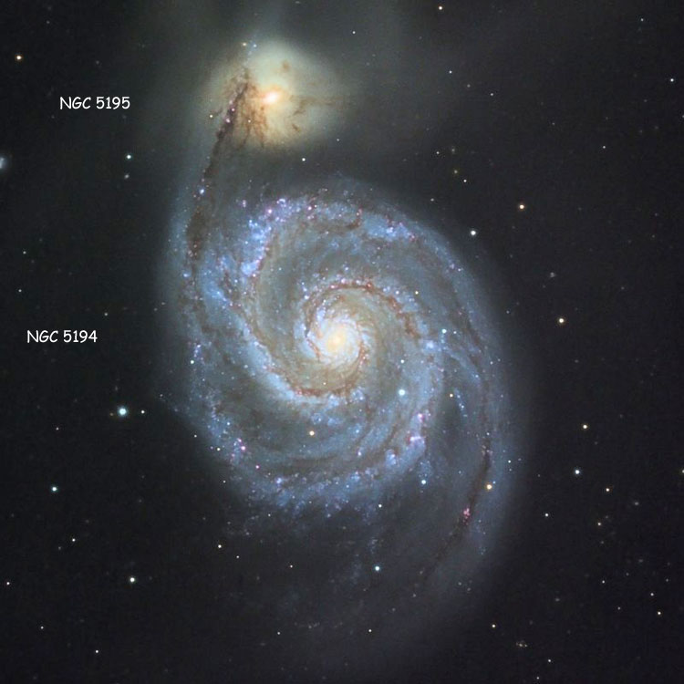 Labeled Misti Mountain Observatory image of spiral galaxy NGC 5914, the Whirlpool Galaxy, also known as M51, and of its lenticular companion, NGC 5915; collectively the pair is also known as Arp 85
