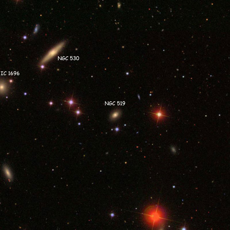 SDSS image of region near elliptical galaxy NGC 519, also showing NGC 530 and IC 1696
