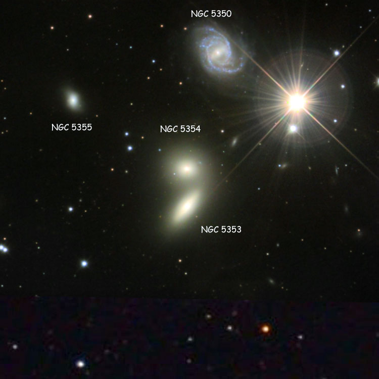 Composite of Misti Mountain and background images of region near lenticular galaxies NGC 5353 and NGC 5354