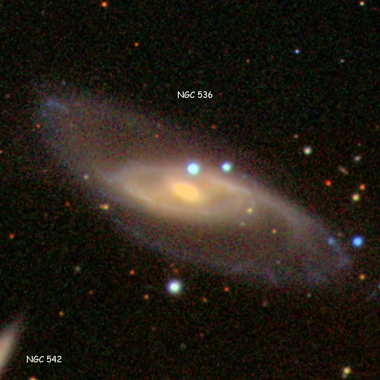 SDSS image of spiral galaxy NGC 536, also showing part of NGC 542
