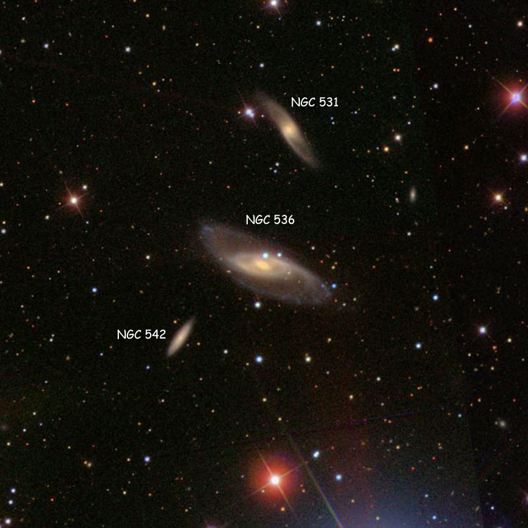 SDSS image of region near spiral galaxy NGC 536, also showing NGC 531 and NGC 542