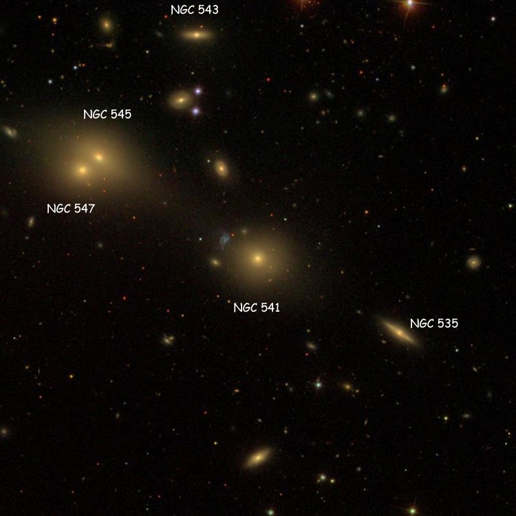 SDSS image of region near lenticular galaxy NGC 541, also known as Arp 133, also showing NGC 535, NGC 541, NGC 545 and NGC 547