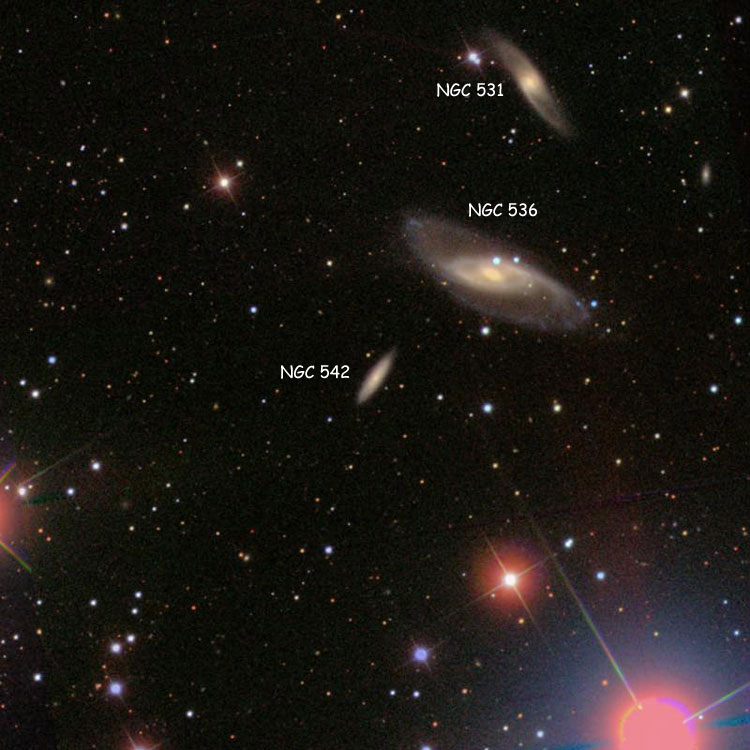 SDSS image of spiral galaxy NGC 542, a member of Hickson Compact Group 10, with fellow group members NGC 531 and NGC 536