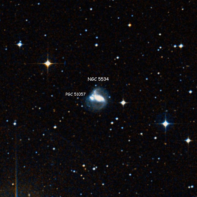 DSS image of region near spiral galaxy NGC 5534, also showing irregular galaxy PGC 51057