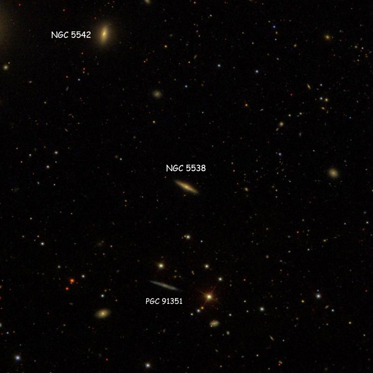 SDSS image of region near spiral galaxy NGC 5538, also showing NGC 5542 and PGC 91351