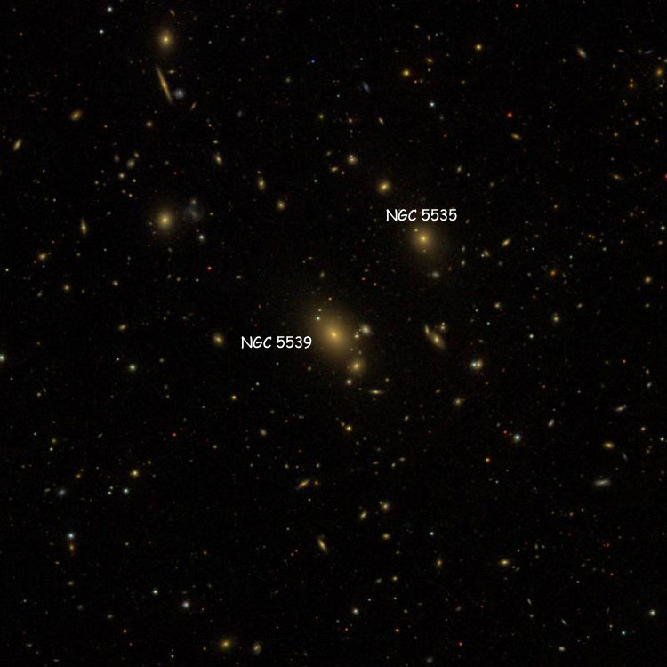 SDSS image of region near lenticular galaxy NGC 5539, also showing NGC 5535