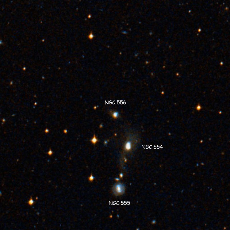 DSS image of region near lenticular galaxy NGC 556, also showing NGC 554 and NGC 555
