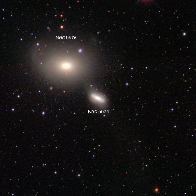 SDSS image of region near lenticular galaxy NGC 5574, also showing elliptical galaxy NGC 5576