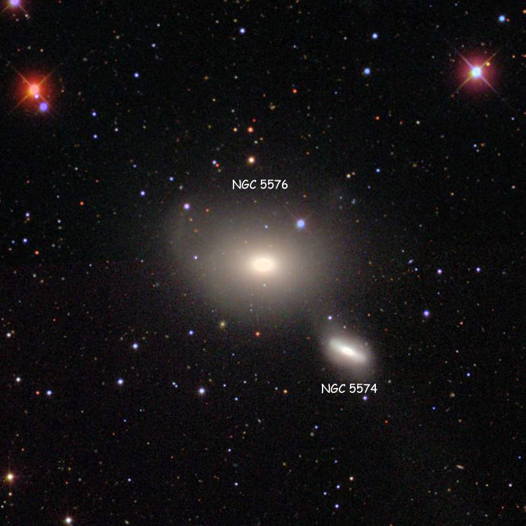 SDSS image of region near elliptical galaxy NGC 5576, also showing lenticular galaxy NGC 5574