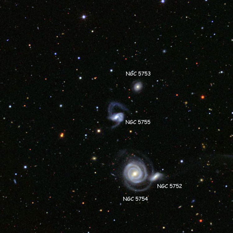 SDSS image of region near spiral galaxies NGC 5755 and NGC 5753, also showing NGC 5752 and 5754, which are also known as Arp 297