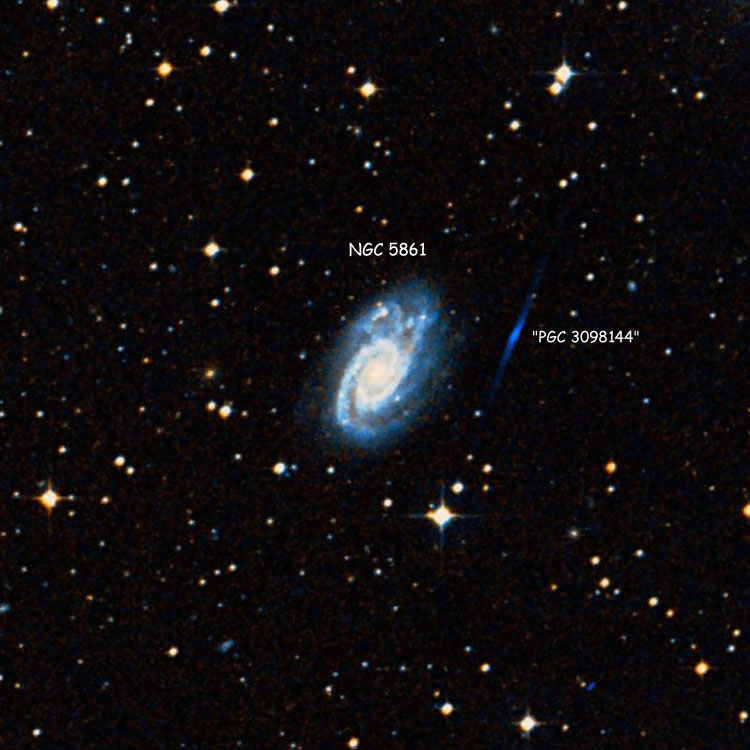 DSS image of region near spiral galaxy NGC 5861, also showing the plate defect sometimes misidentified as the nonexistent spiral galaxy PGC 3098144