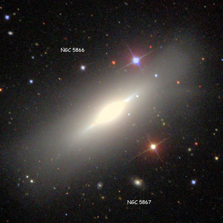 SDSS image of lenticular galaxy NGC 5866, the Spindle Galaxy (also thought to be M102), and NGC 5867><br>Below, a NOAO image of the galaxy <small>(Image Credit <a href=http://www.noao.edu/image_gallery/html/im0593.html target=external>NOAO</a>/AURA/NSF)</small><br><img src=m102noao.jpg border=1 width=750 height=750 alt=