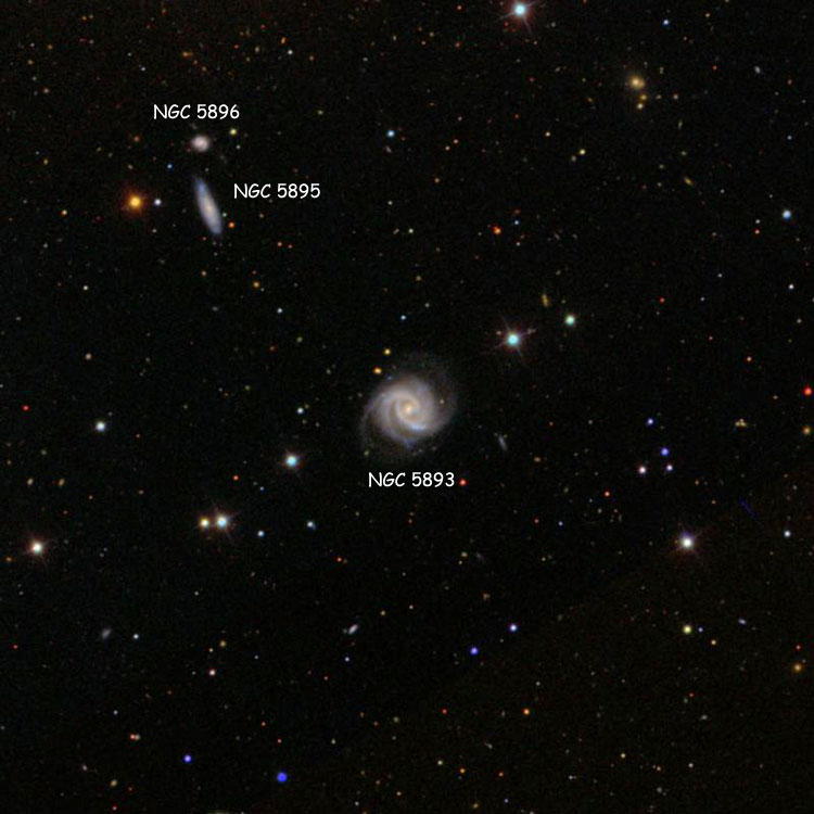 SDSS image of region near spiral galaxy NGC 5893, also showing spiral galaxy NGC 5895 and lenticular galaxy NGC 5896
