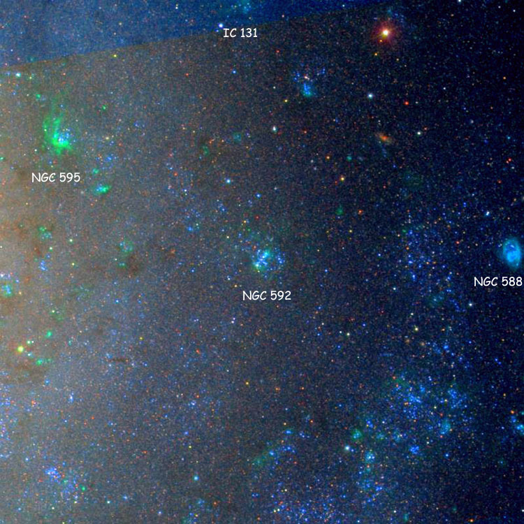 SDSS image of region near the star cluster and emission nebula listed as NGC 592, in the Triangulum Galaxy, M33; also shown are NGC 588, NGC 595, and IC 131