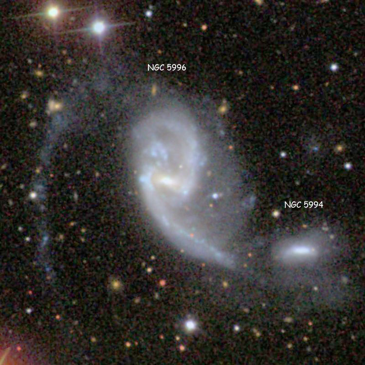 SDSS image of spiral galaxies NGC 5994 and 5996, which comprise Arp 72, digitally altered to enhance the fainter portions of the larger galaxy