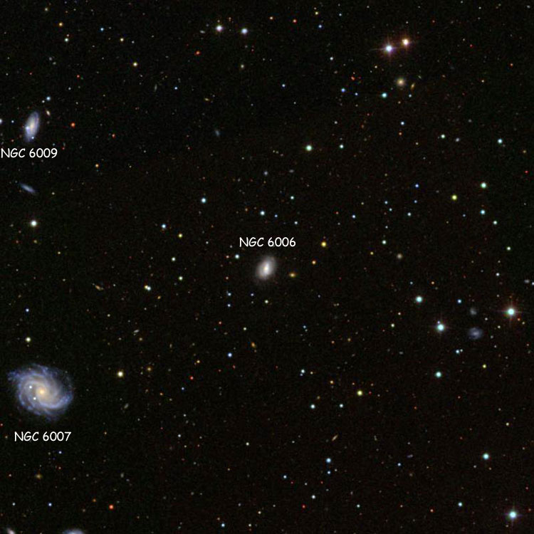 SDSS image of region elliptical galaxy near NGC 6006, also showing NGC 6007 and NGC 6009