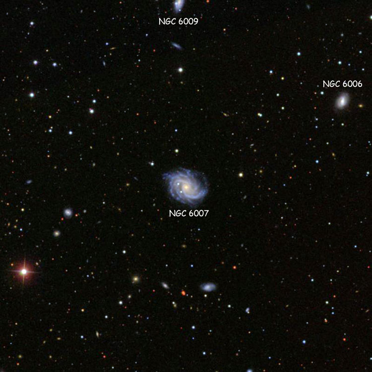 SDSS image of region near spiral galaxy NGC 6007, also showing NGC 6006 and NGC 6009