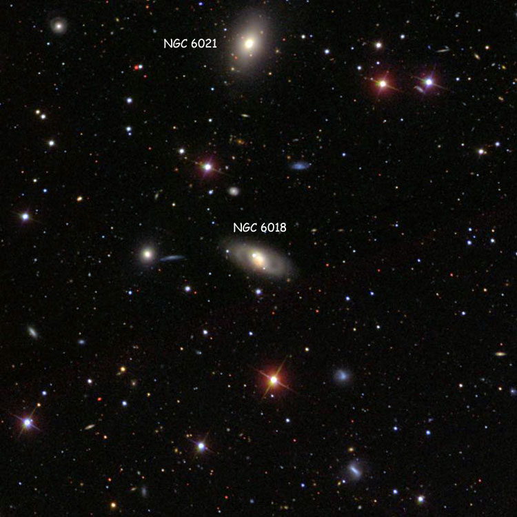 SDSS image of region near lenticular galaxy NGC 6018, also showing NGC 6021