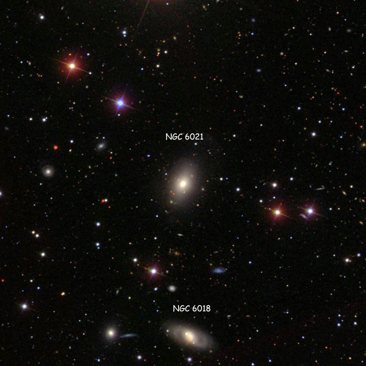 SDSS image of region near elliptical galaxy NGC 6021, also showing lenticular galaxy NGC 6018