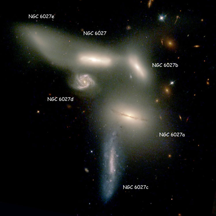 Labeled HST image of NGC 6027, also known as Seyfert's Sextet, using Seyfert's original labels