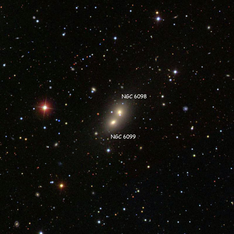 SDSS image of region near elliptical galaxies NGC 6098 and 6099