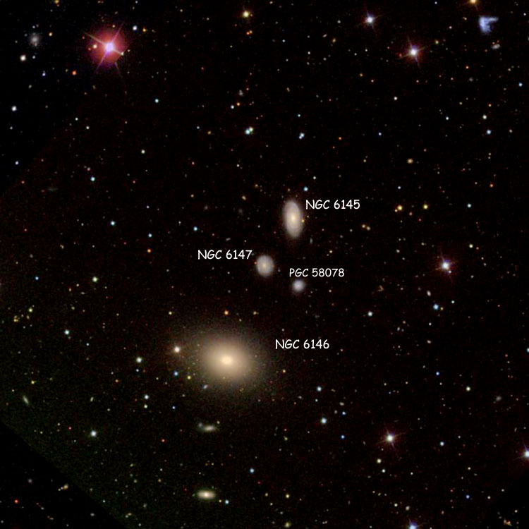 SDSS image of region near spiral galaxy NGC 6147, often misidentified as NGC 6141, also showing NGC 6145, NGC 6146 and PGC 58078, which is often misidentified as NGC 6147