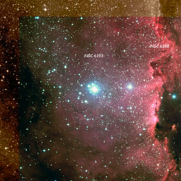 Overlay of an ESO image of region near open cluster NGC 6193 and nebula NGC 6188 on a DSS image, to show better detail in otherwise overexposed regions
