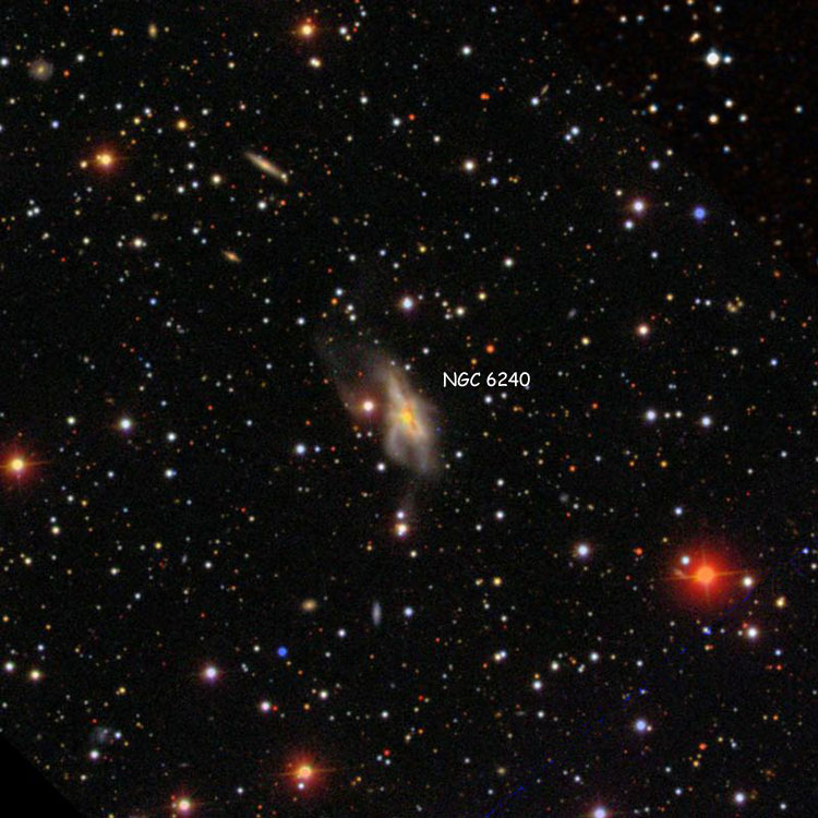 SDSS image of region near irregular galaxy NGC 6420, overlaid on a DSS background to fill in missing areas