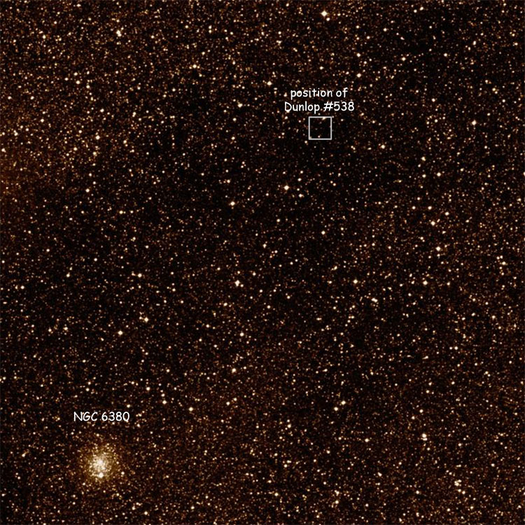 DSS image centered of a region more or less 'near' Dunlop #538, also showing globular cluster NGC 6380, which cannot be Dunlop's lost or nonexistent object